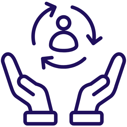 Cartoon outline of two hands holding person outline in arrow circle